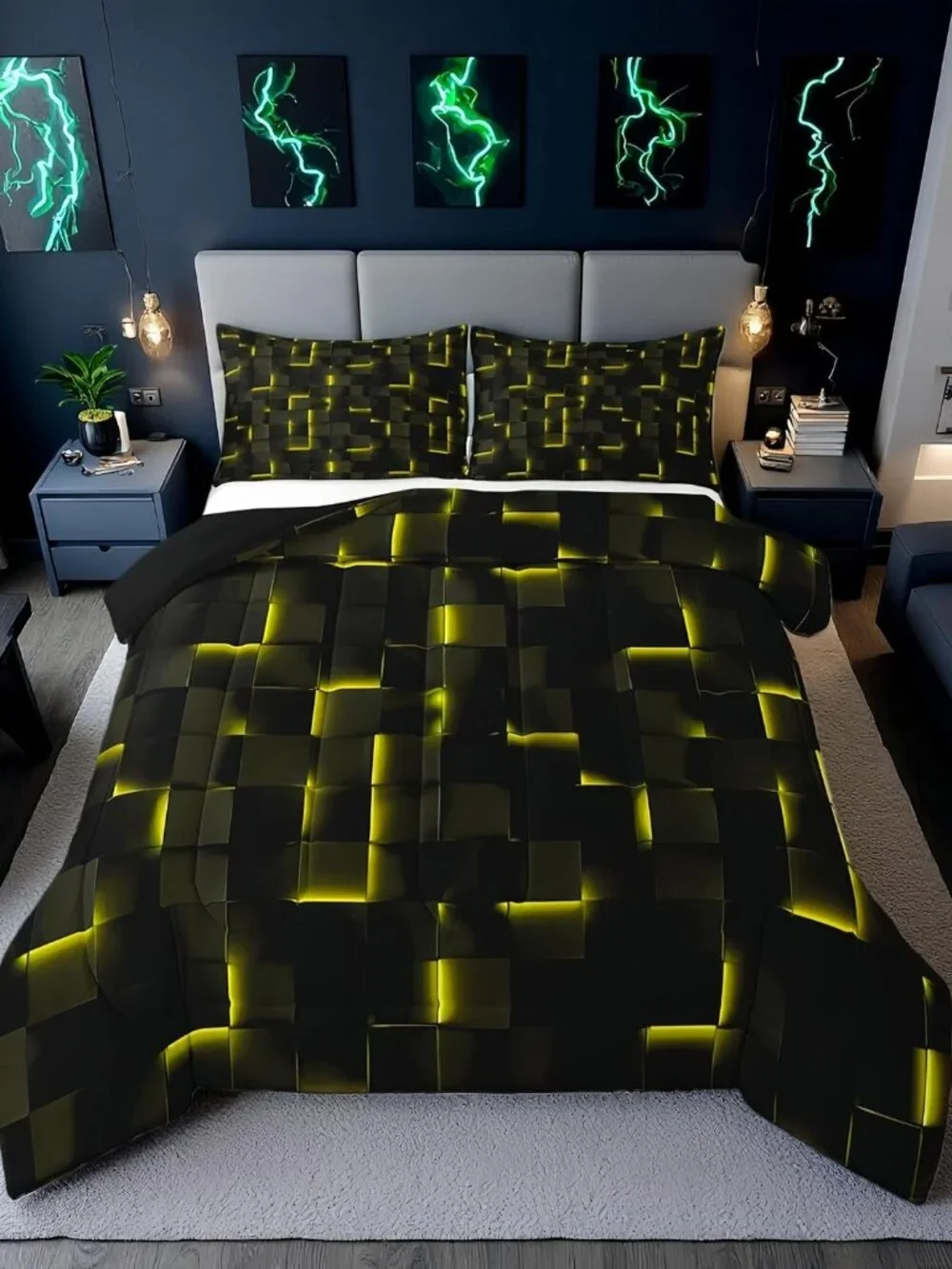 Neon Black Yellow Full Bedding Set,3D Geometric Checkered Comforter Set,Plaid Ab